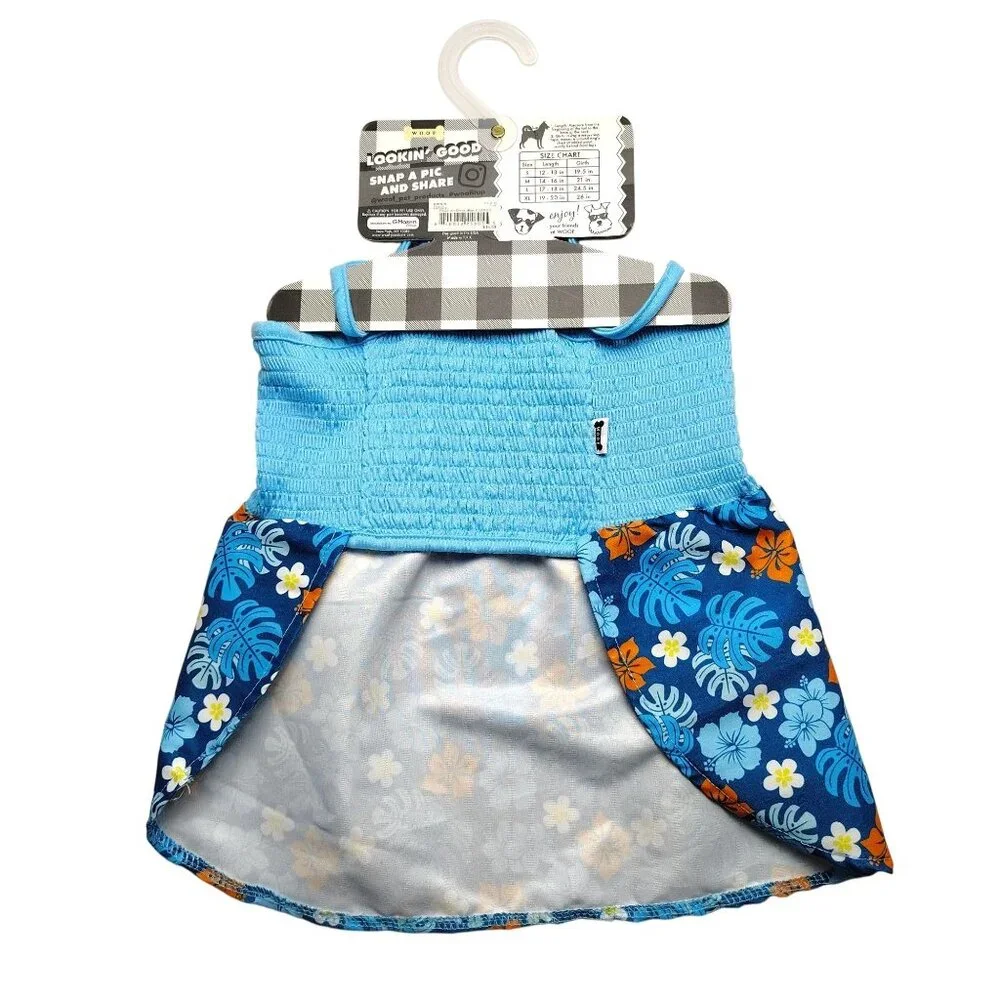 Pet Apparel XL Tropical Floral Blue Dress For Dogs With Stretchy Smocked Bodice